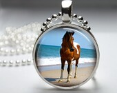 Horse on the Beach Photo Pendant, Art Pendant, Glass Dome Pendant Necklace No. 005-61
