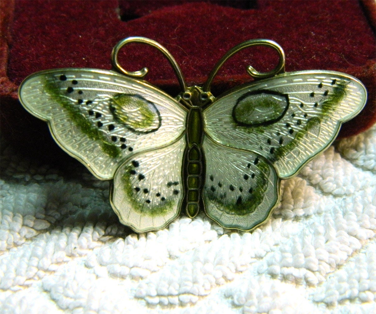 JEJ Hroar Prydz Norway Sterling Butterfly - 2 in - Sterling and Enamel - Green White Black