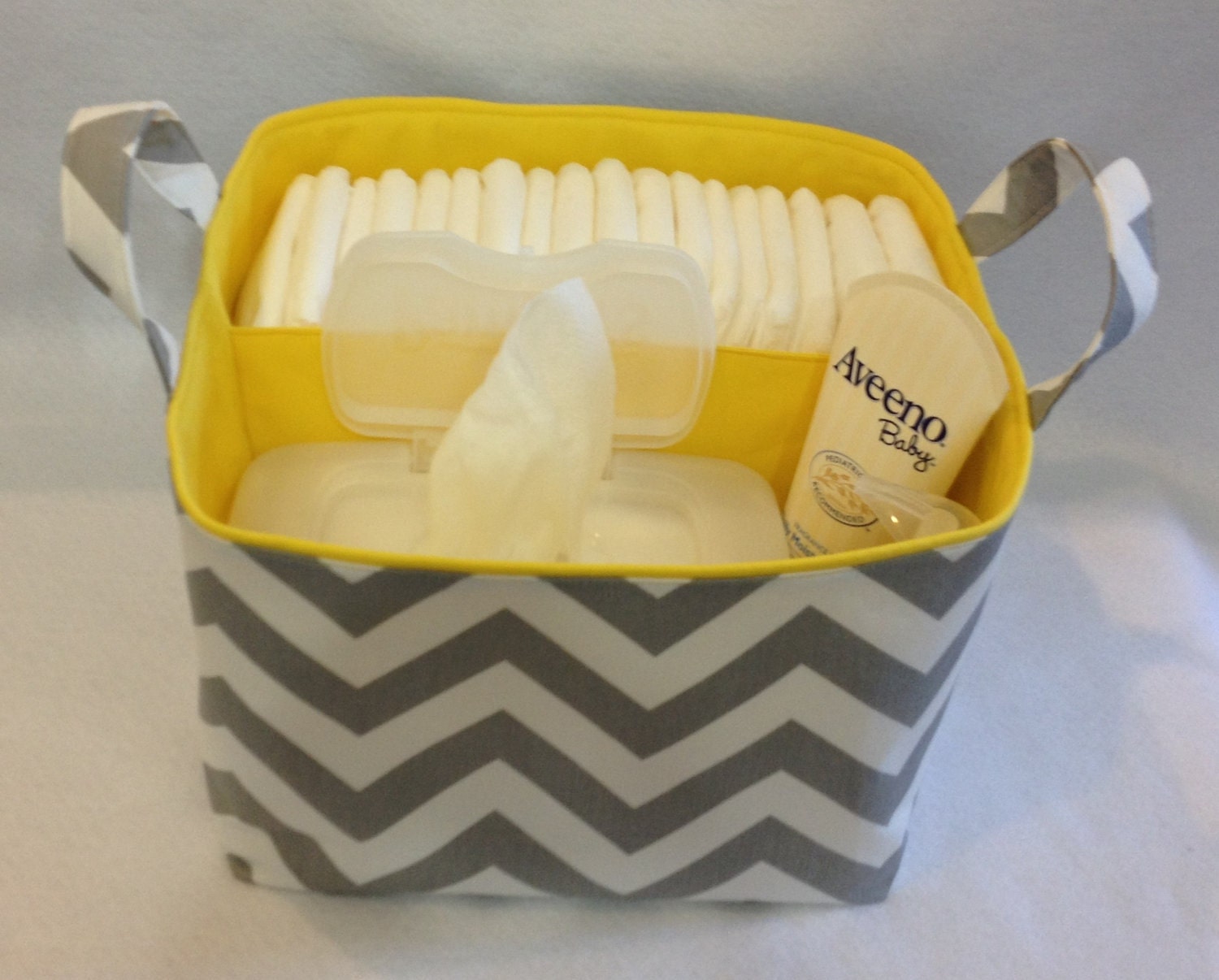 LG Diaper Caddy 10"x10"x7" Fabric Bin, Fabric Storage bin, Fabric Organizer Chevron Zig Zag Grey/White Yellow Lining