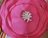 Magenta hair clip made from a re-purposed shirt and metal vintage button