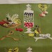 VINTAGE Kitchen Towel Olive green with Kitchen print of fruit, fish, vegetables, utensils and apothecary "Martex - Dry-Me-Dry" unused