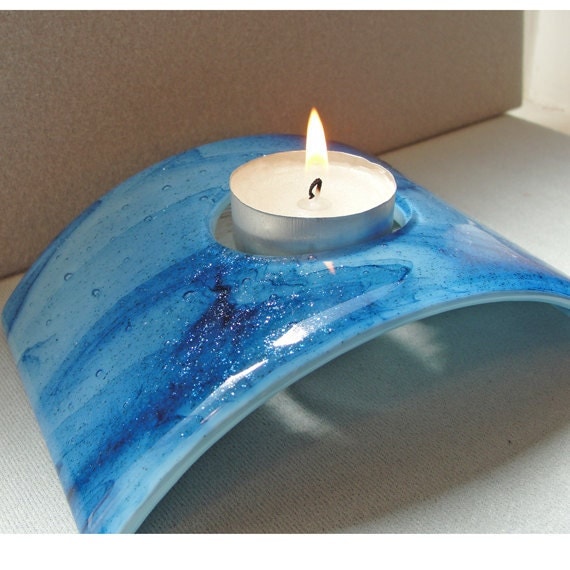 Fused Glass Candle Holder Blue Home Decor Lighting by sljglass