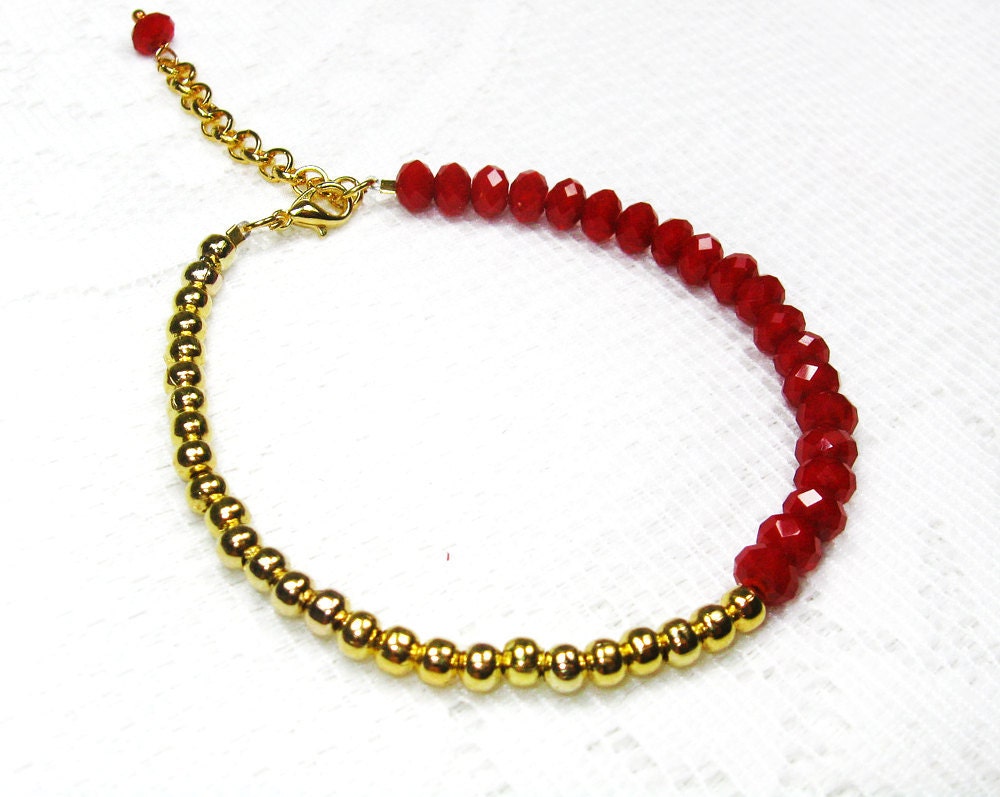 Gold bracelet -Red Swarovski and Gold Plated Beaded Bracelet delicate jewelry