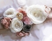 Rachel Bridal Sash Wedding Belt Flowers Ivory Pink Taupe Pearls Rhinestones