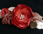 April Bridal Sash Floral Wedding Belt Flower Burnt Orange Ivory Copper Taupe Pearls International Shipping