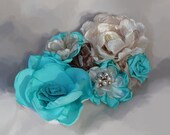 Bridal Sash Wedding Belt Tiffany Blue Turquoise and Ivory with Pearl and Rhinestone Brooch Component