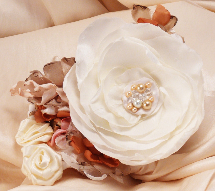 Elizabeth Bridal Sash Floral Wedding Belt Flower Ivory Pink Light Rust Taupe Pearls Crystals