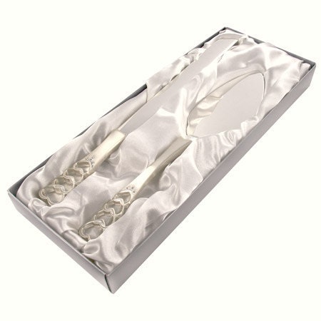 Silver Plated Cake Knife and Server with Swarovski Crystals - Hand Engraved