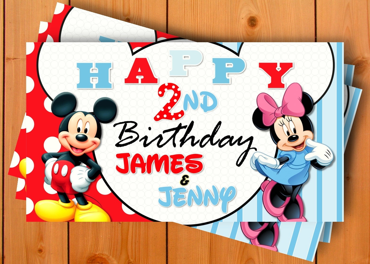 Mickey and Minnie Mouse Twins Personalized Custom Birthday Banner with a "free" printable DIY Thank You Note