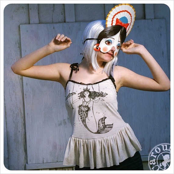 SALE - Oatmeal Peplum Tank Top with Mermaid Art - SMALL TANK