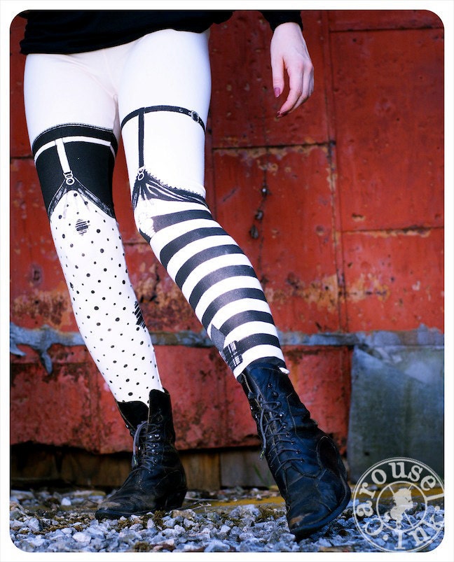 REDUCED - Pippi Leggings - Nude with Black Striped and Polka Dot Legging - SMALL Womens Tights