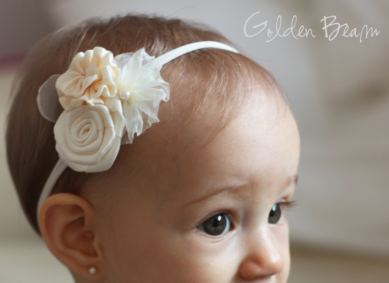Flower Girl Headband -  Three Ivory Flowers Bouquet Handmade Headband