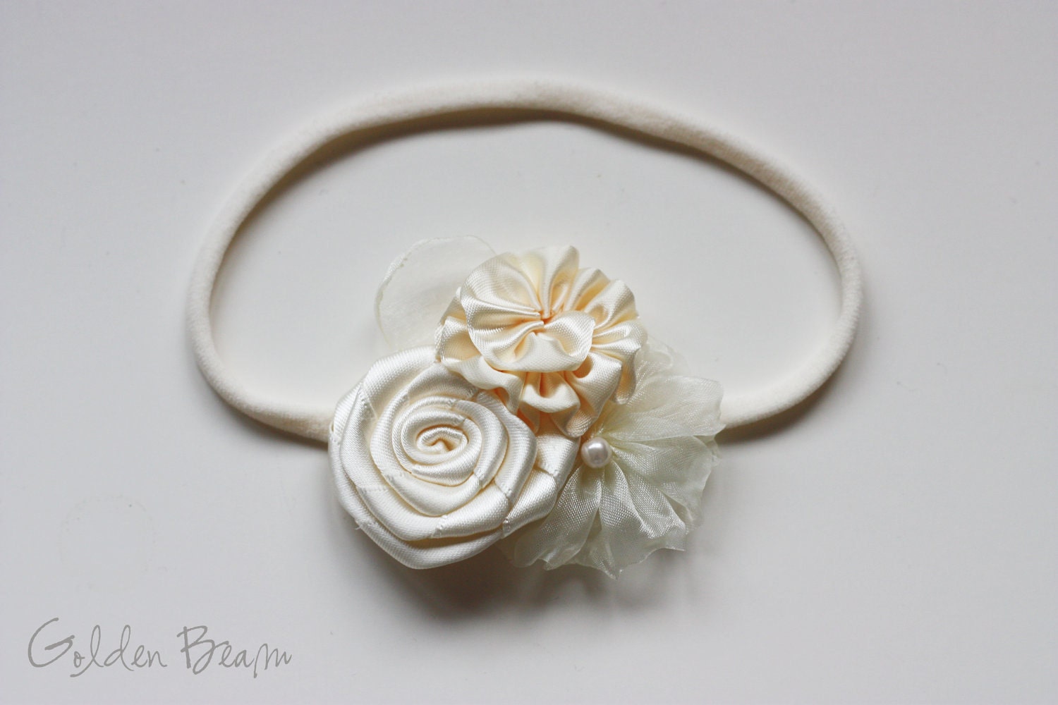 Flower Girl Headband -  Three Ivory Flowers Bouquet Handmade Headband