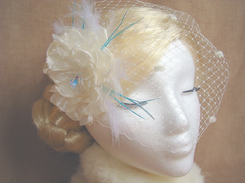 Winter Wedding Birdcage Veil Snowflake Swarovski Flower Fascinator Set, Tiffany Blue Feather Fascinator, Bridal Veil - Snowflake Princess