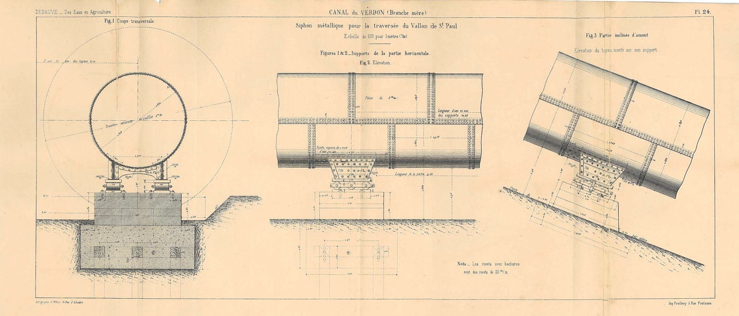 1872 Technical Drawing Verdon Canal France Siphon