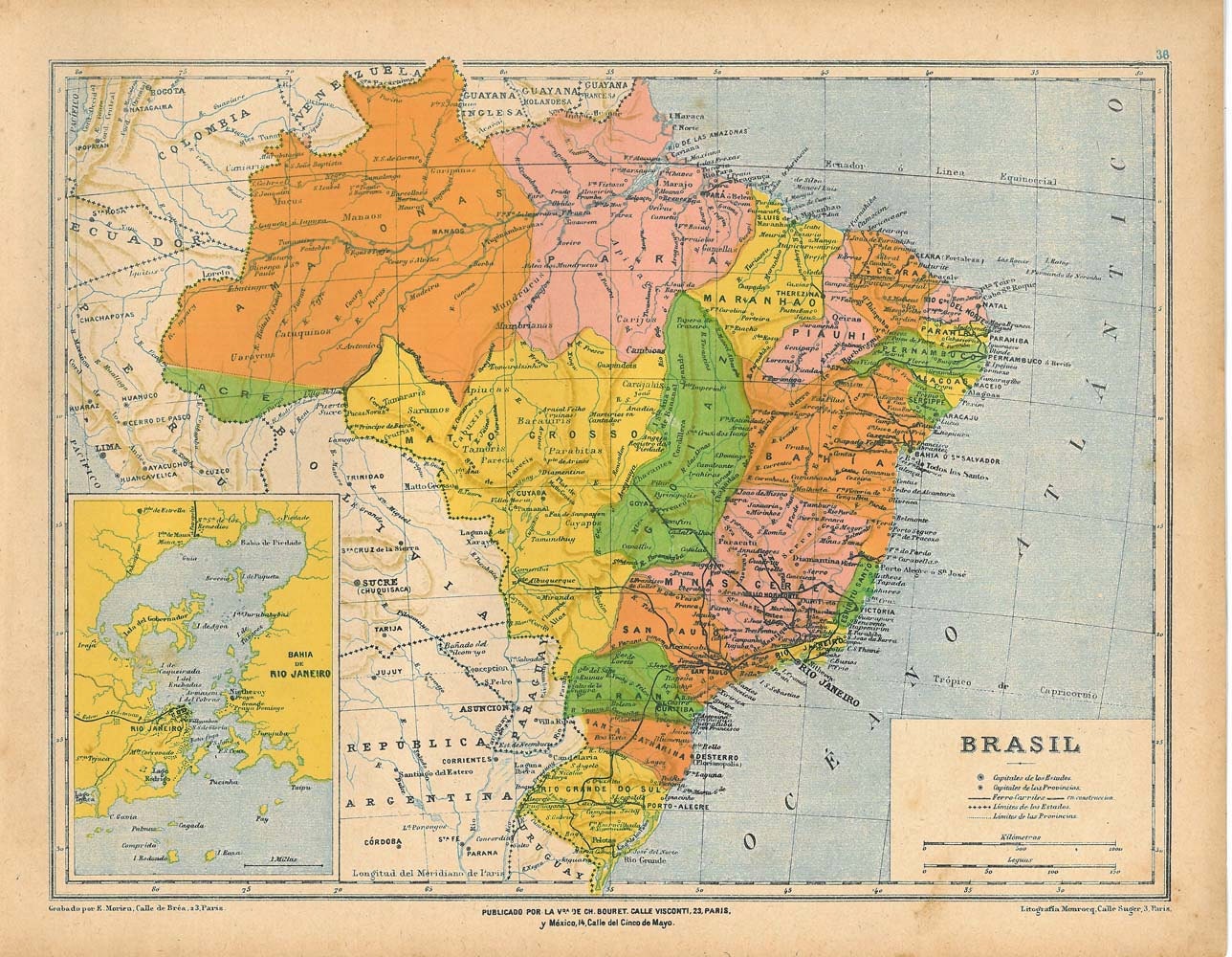 1929  Map Brazil Vintage Color Block Wall Decor
