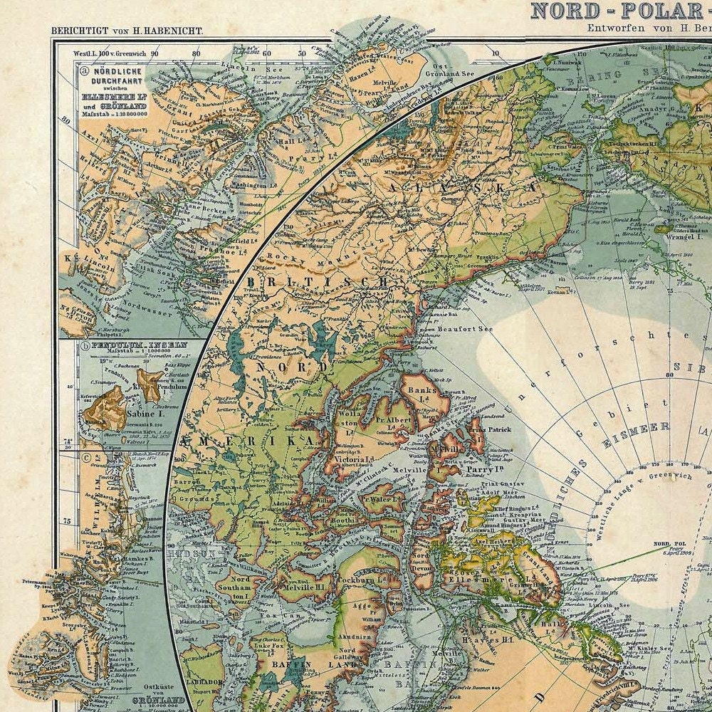 North Pole Antique Map  Arctic Sea  Exploring Expeditions 1914