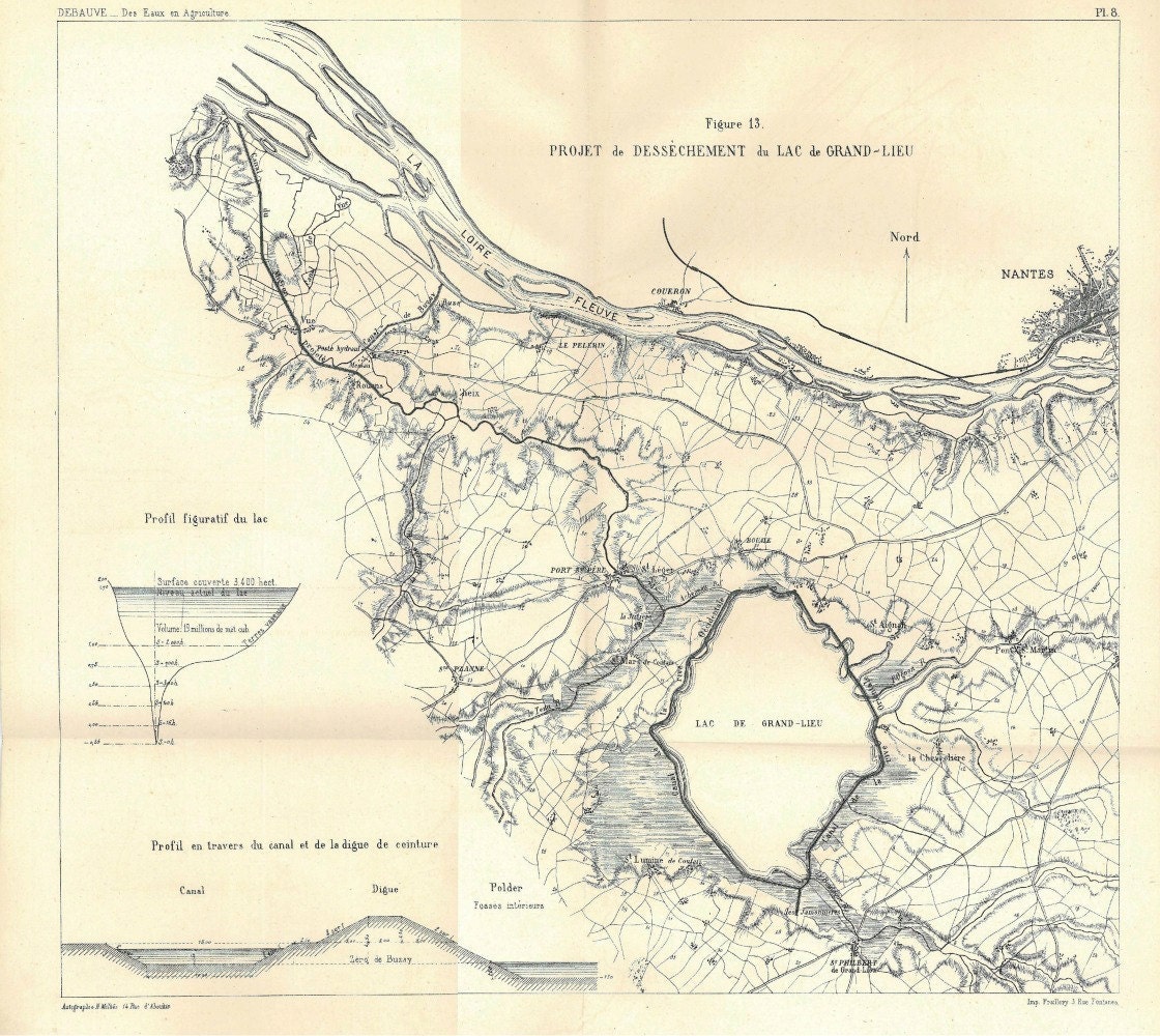 1874 Antique Map Grand Lieu Lake France Drying Plan Engineering Technical Drawing
