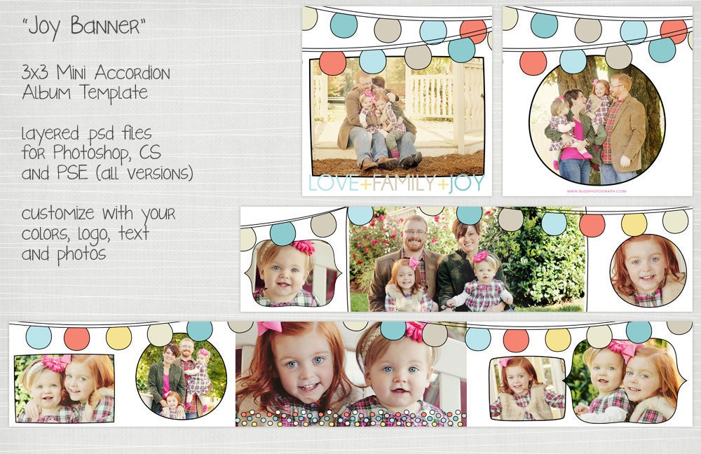 Joy Banner - 3x3 Mini Accordion Book PSD Photoshop Album Template INSTANT DOWNLOAD