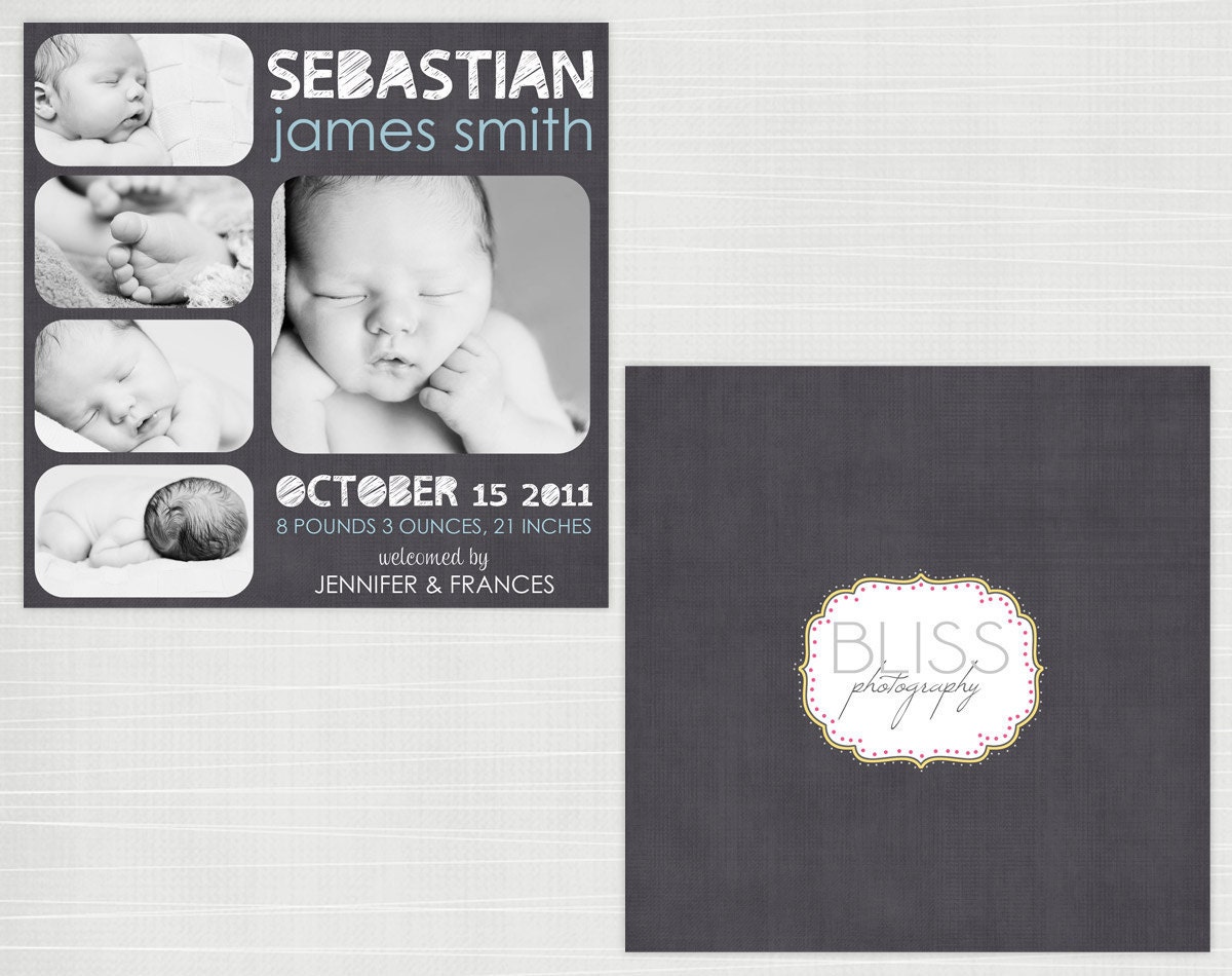 Sebastian - 5x5 Photo Birth Announcement Card Photographer Template Boutique Photoshop PSD