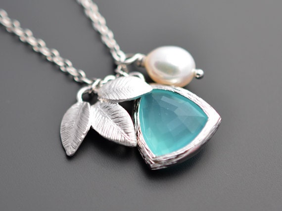 Aqua Triangle Framed Glass, Mini leaf pendant  and Pearl  Pendant Necklace