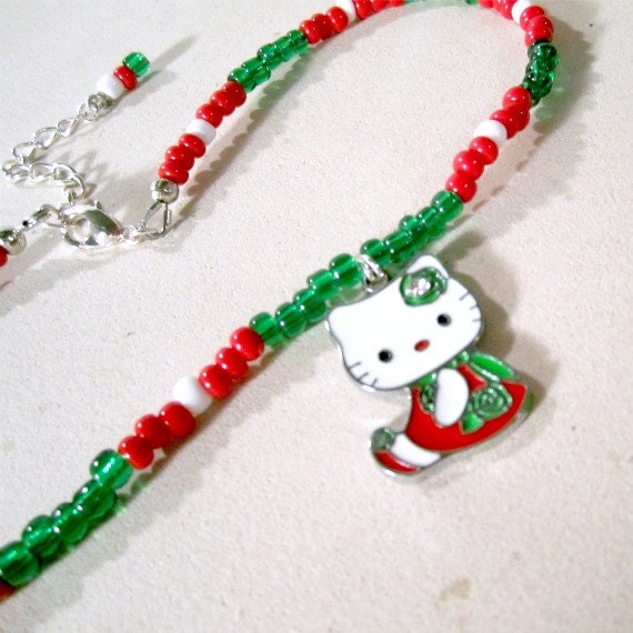 Hello Kitty Necklace Cat Charm Handmade Children Jewellery Red White Green Necklace Pendant Christmas