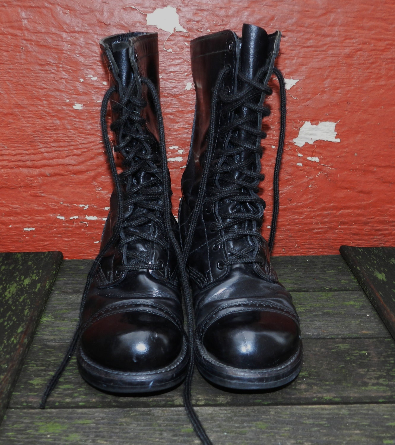 Vintage - Rare 1960s Black Patent Leather Corcoran Combat Boots - Size 9.5