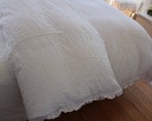 Queen Duvet Cover White Linen with 2" Raw Edged Ruffle