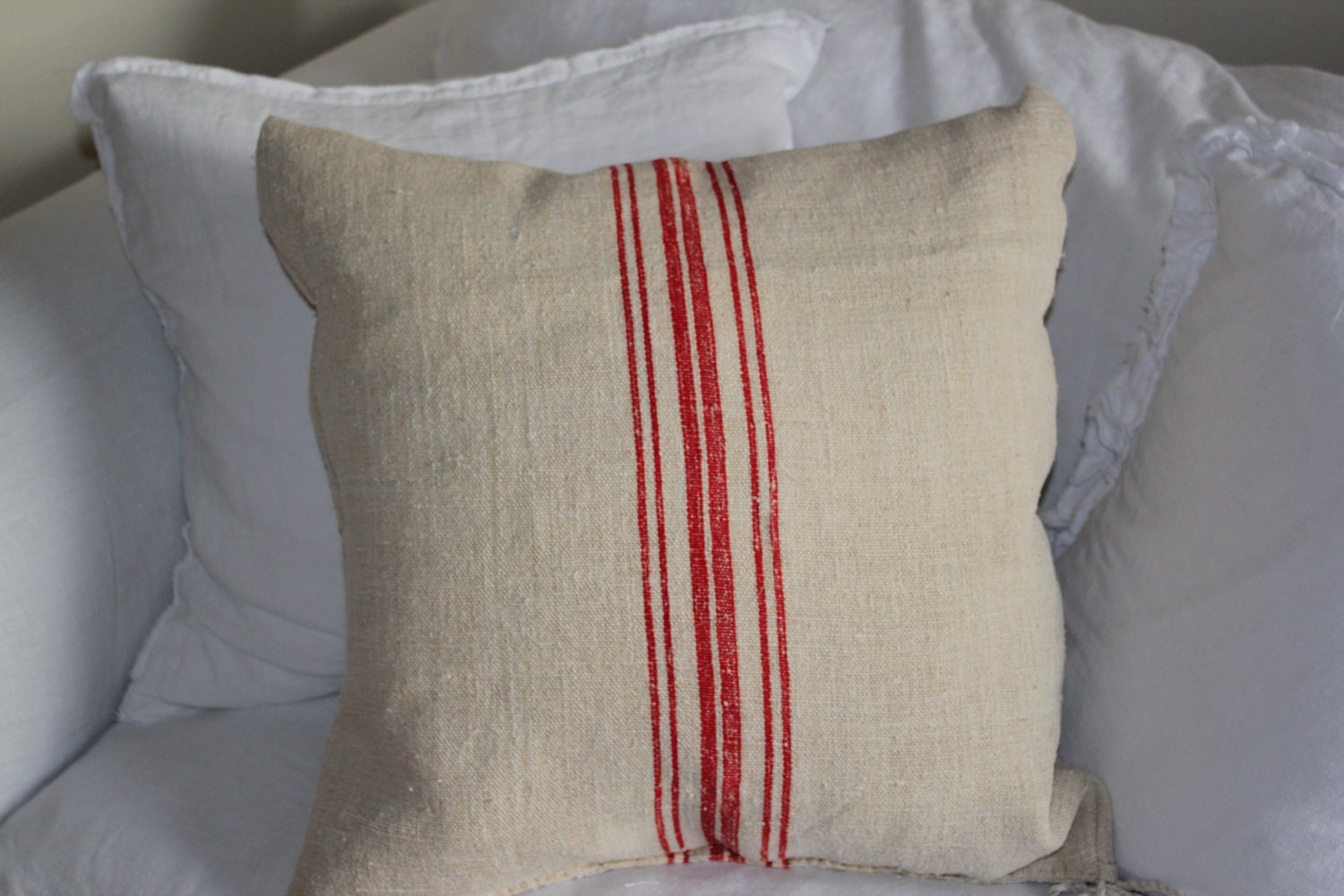 Vintage French Grain Sack Pillow Bright Red Striped