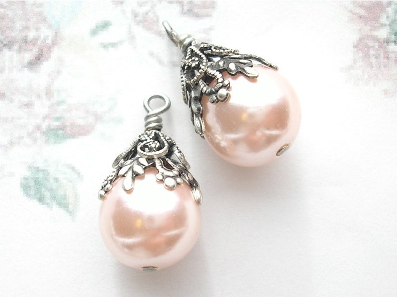 Soft Pink Faux Pearl Bead Charms in Antiqued Silver - MoonflowerMercantile