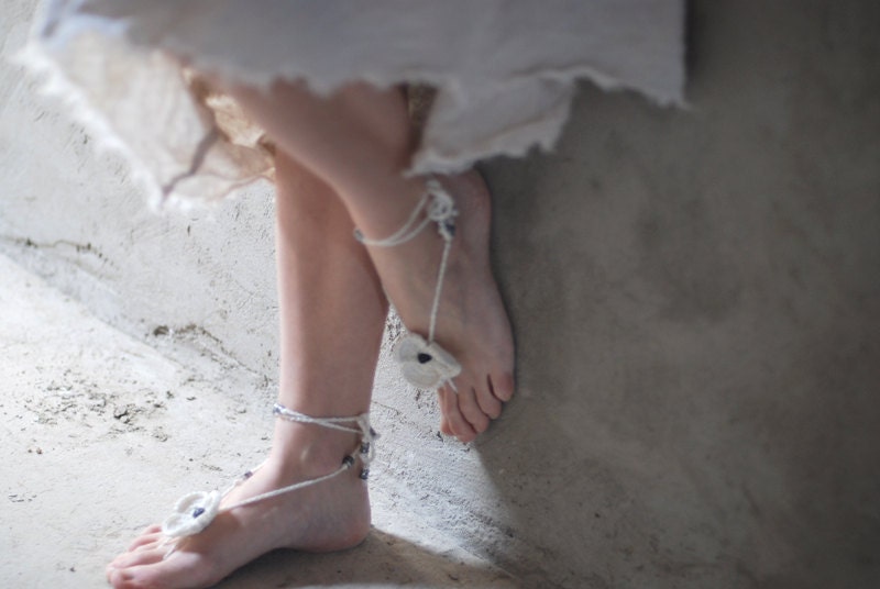 White Crochet Barefoot boho Sandals flower with beads gift idea for her mom girl