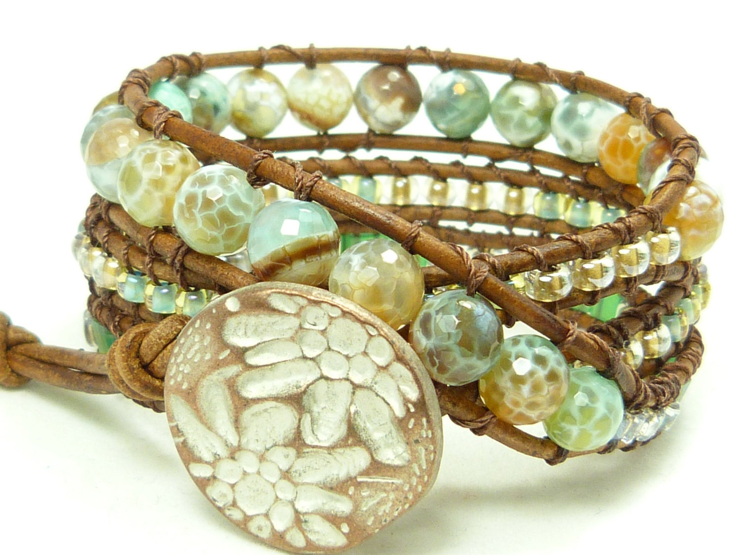 Beaded leather wrap bracelet - triple 3 wrap bracelet - Chan luu style - Gorgeous mint green and caramel brown fire agate.