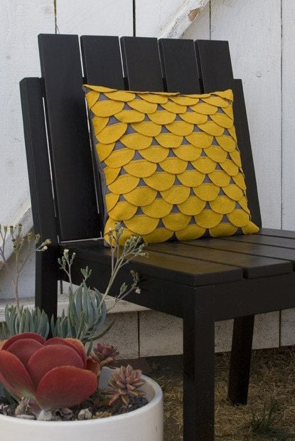Scallops Pillow Cushion Cover 14 x 14 - Mustard Yellow and Grey Felt Applique