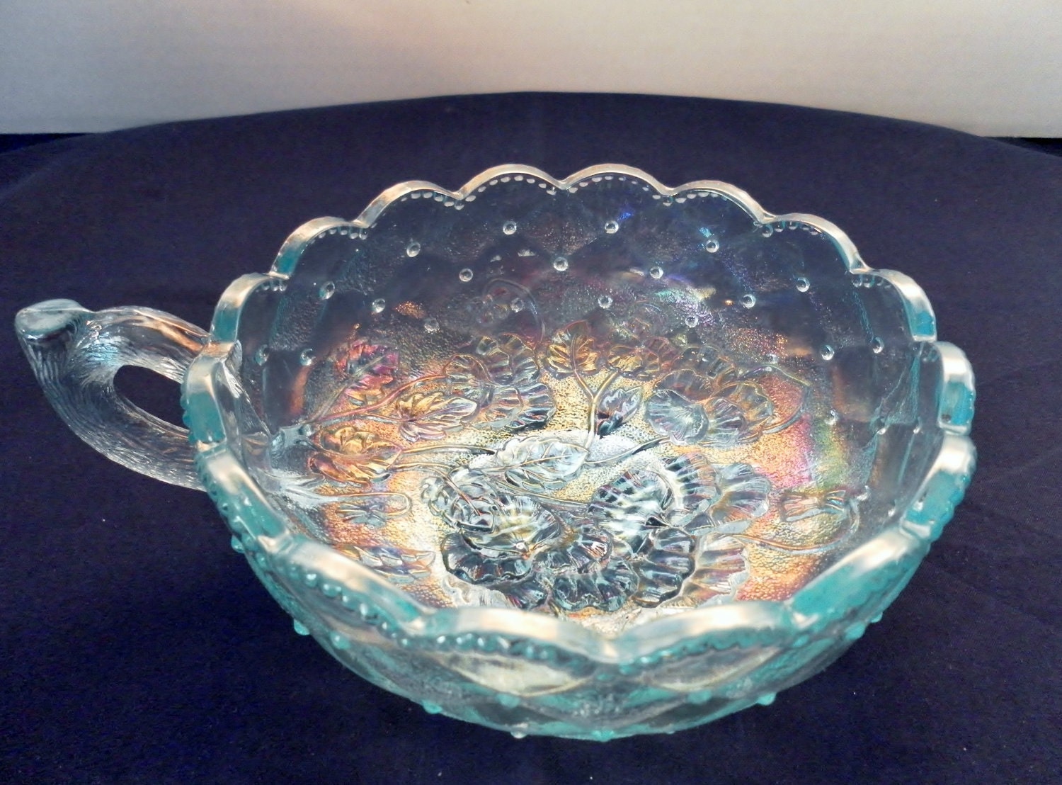 Vintage Imperial Glass Aqua Teal Pansy Pattern Carnival Glass Nappy Bowl