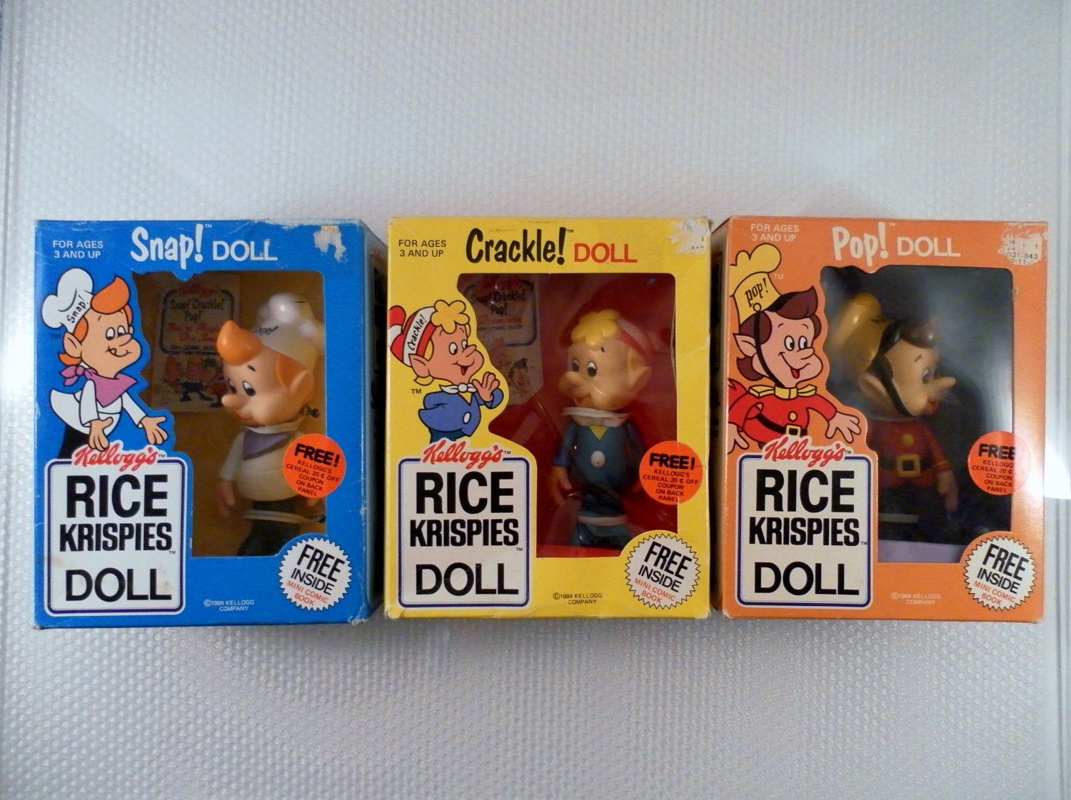 Vintage 1984 Talbot Toys Kelloggs Rice Krispies Set Snap Crackle Pop Dolls in Original Boxes.
