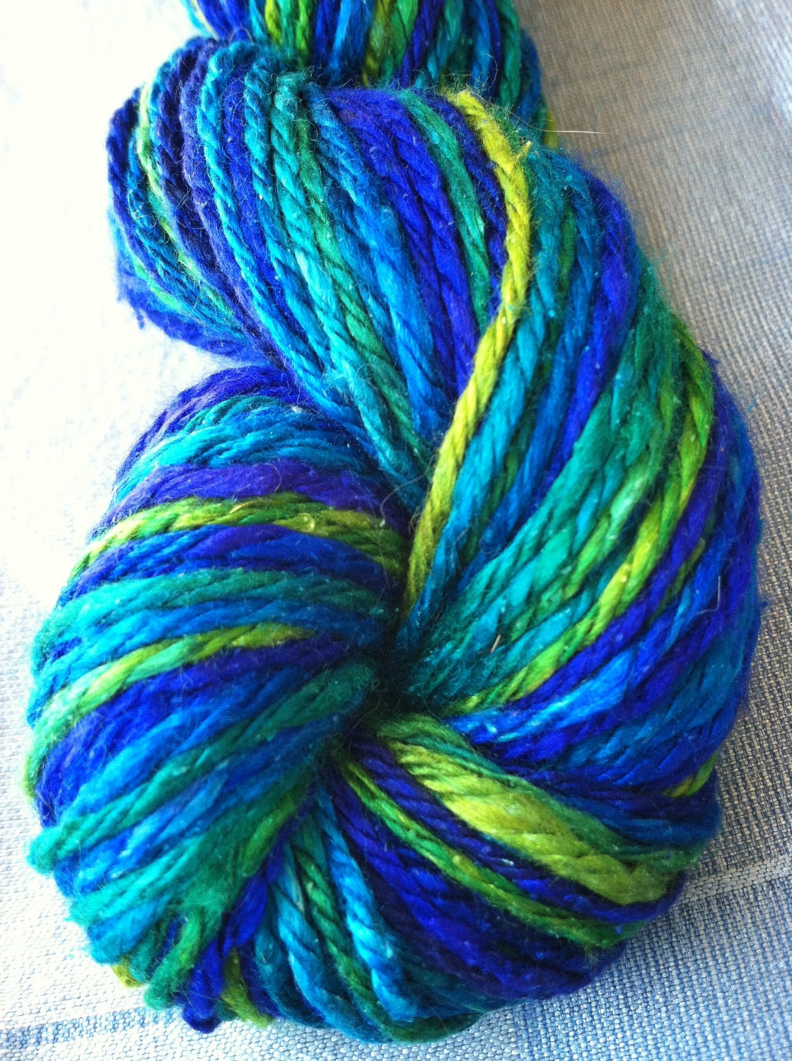 Handspun Mulberry Bombyx Cultivated Silk with Noil Navajo 3 Ply - 124 yds, 2 oz, 12 WPI  - "Electric Peacock"