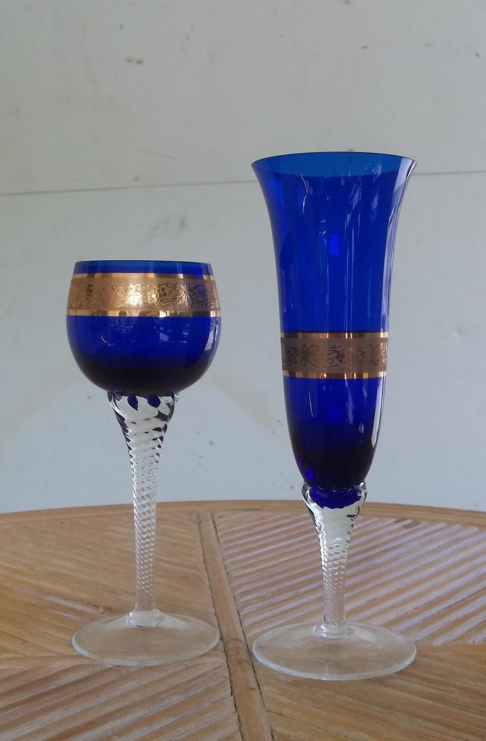 Vintage Cobalt Blue Crystal Champagne Glasses by CherylLeeCorner