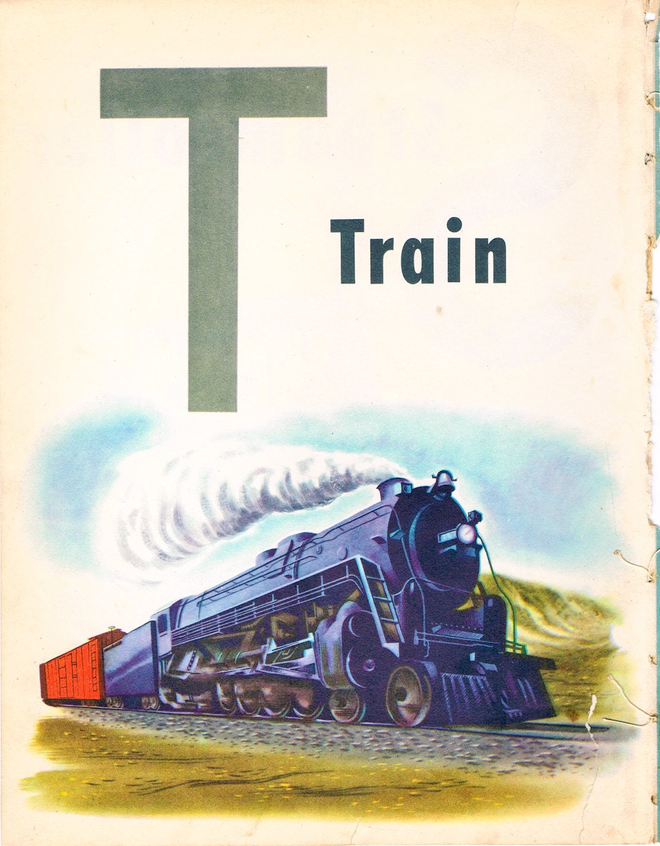 1946 Wonder Book for Children : ABC and Counting Book page .. lithograph - train & steamroller