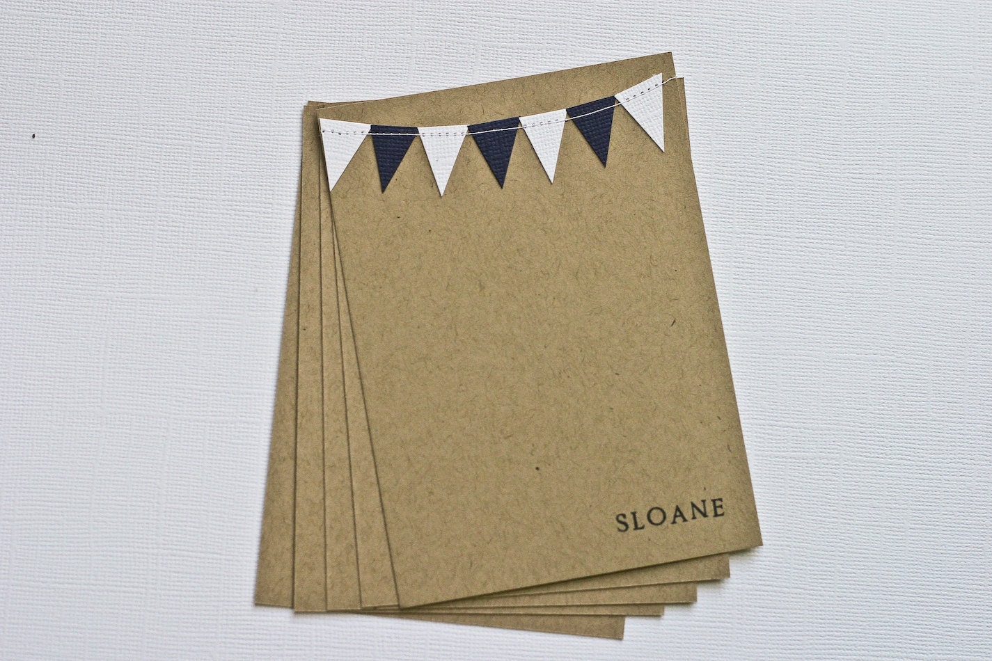 Personalized Stationery with Bunting Flag Notecards Navy and White Kraft
