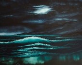Waves of Teal. Original Oil Landscape 24 X 36. night, ocean, beach, sea.