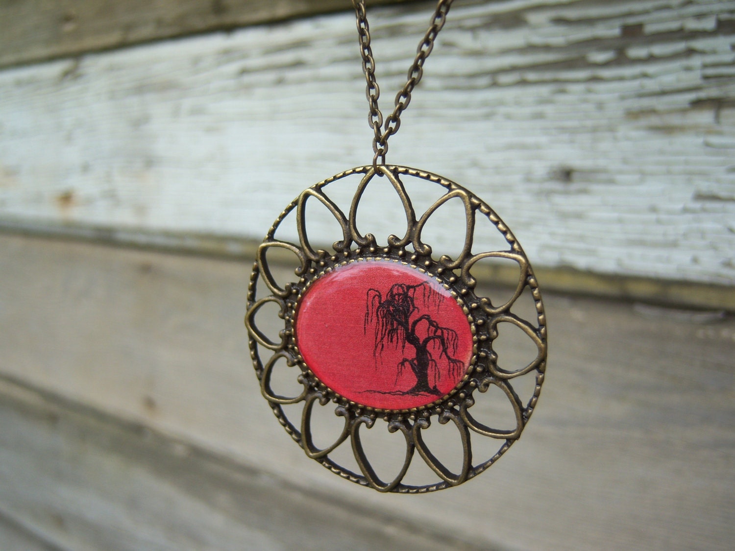 Red Willow Tree Necklace Bronze Filigree Pendant Original Painting Print - Gramma's