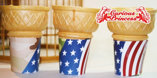 PRINTABLE CAMO usa american flag 4th of July flat bottom ice cream cone wrappers labels