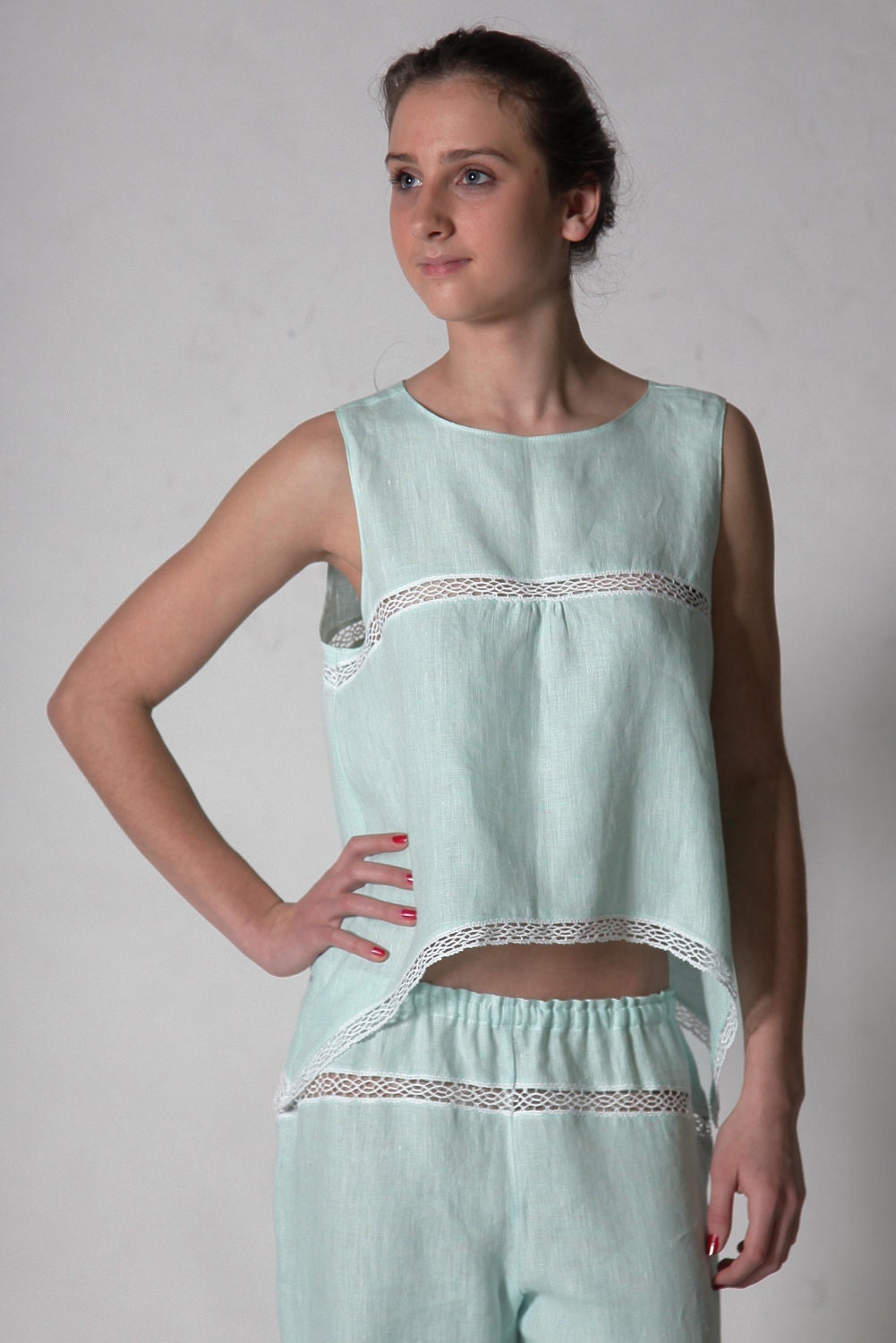 Linen Light Mint Cropped Pajama Top with Handkerchief Side Corners