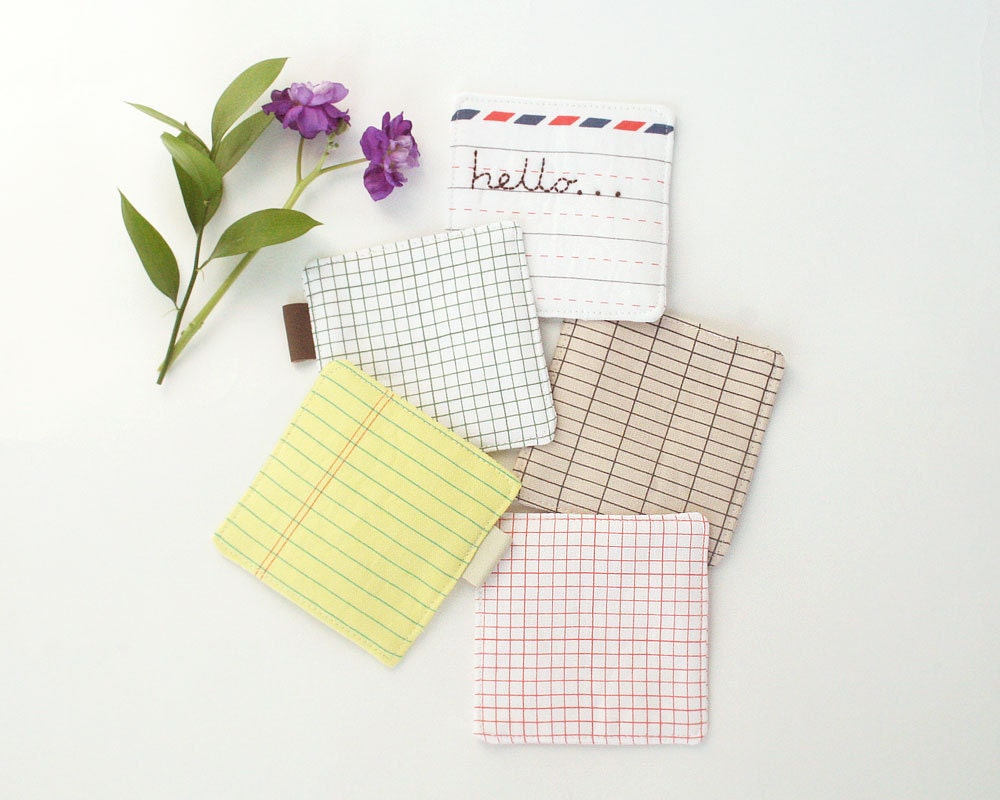 Set of 5 Fabric Drink Coasters with Notebook and Letter Prints