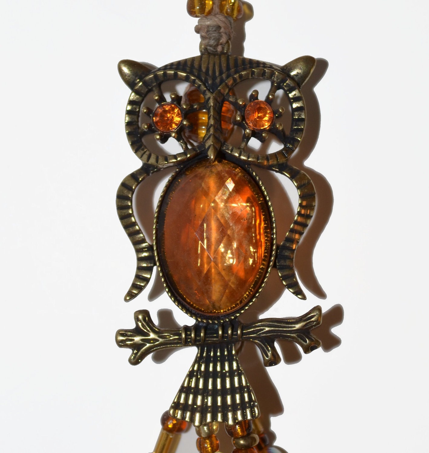 Owl Keychain/Purse Jewelry OOAK Amber Rhinestone Eyes Brass Hand Beaded - BlingThingsOriginals