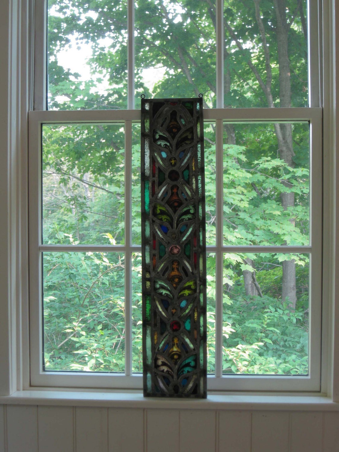 Classic antique stained, hand-etched and painted leaded glass panel from old church near Watertown, NY.