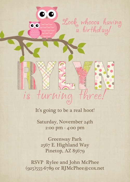 birthday party invitation with owls, digital, printable file