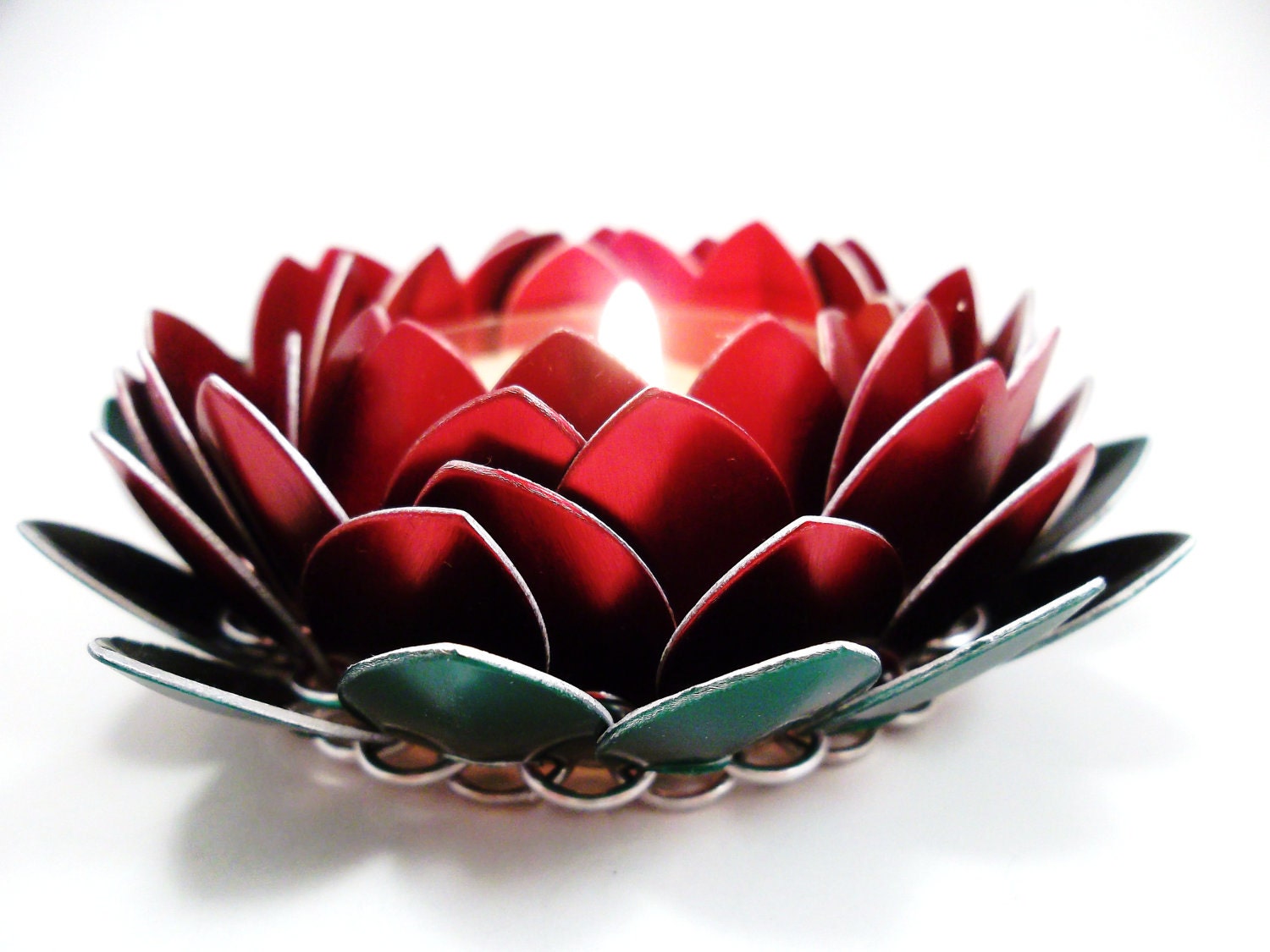 Chainmail Lotus Candle Holder Posable Red Rose