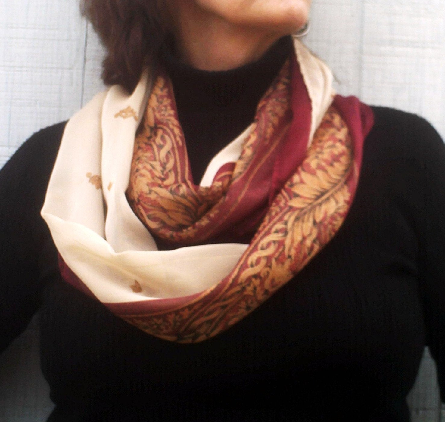 Infinity Scarf, Long, Womens Sheer Fashion Scarf, Silky Maroon Print