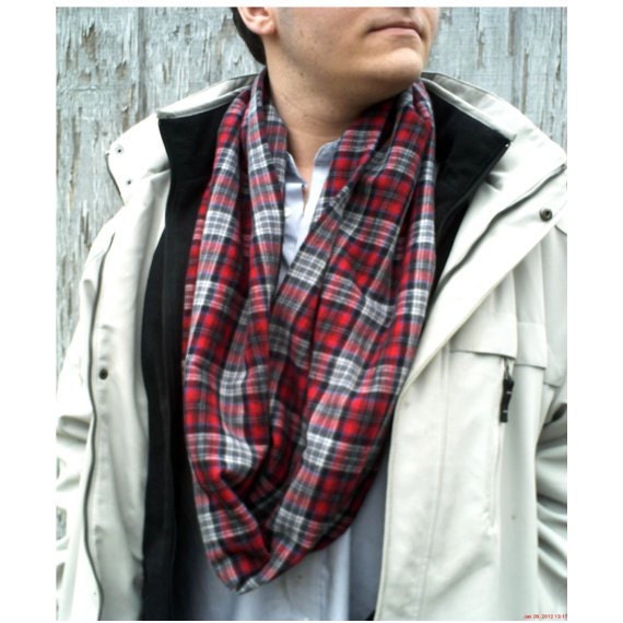 Mens Infinity Scarf, Super Soft Red Plaid Flannel Mens Scarf